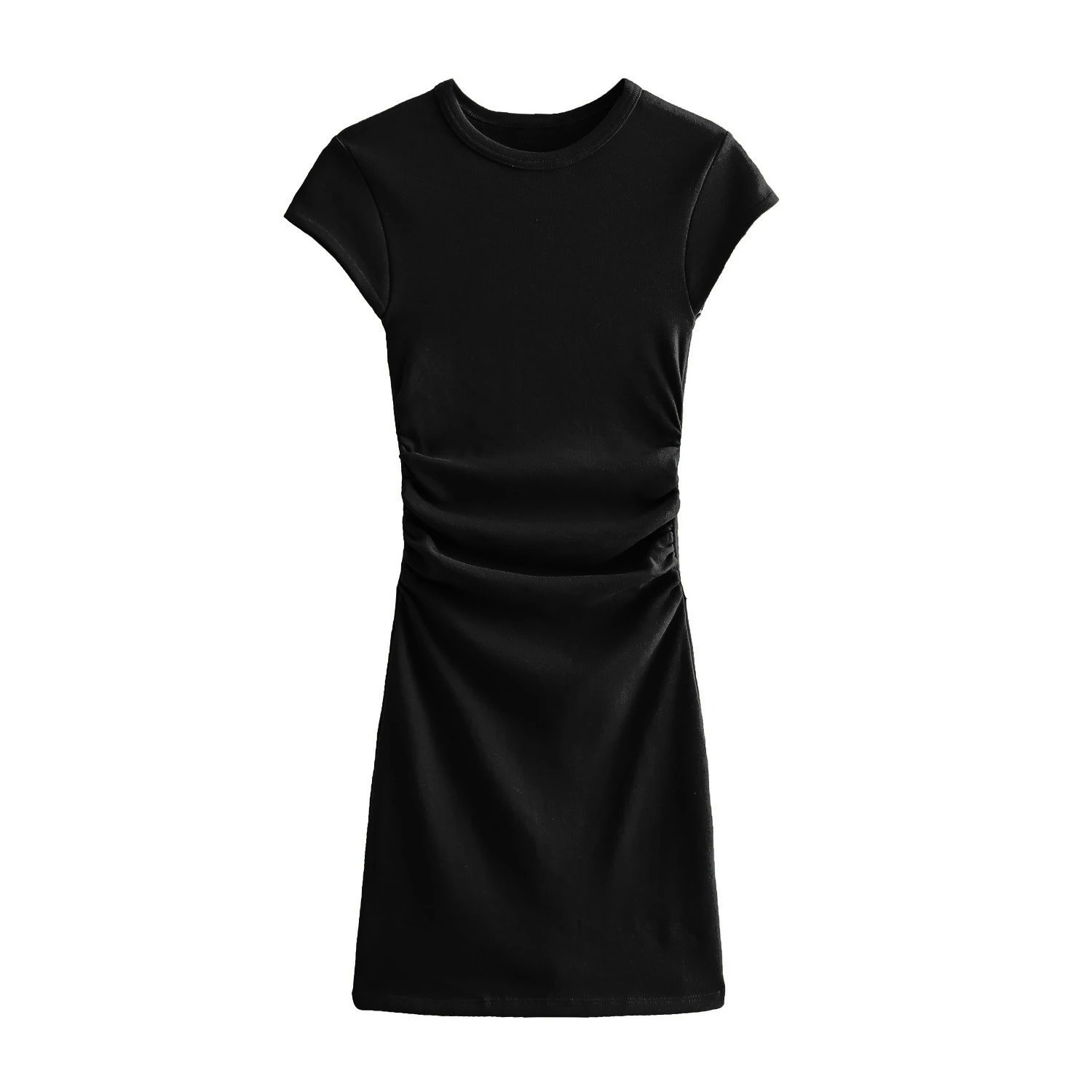 Sexy and spicy girl with hip hugging short skirt design, pleated and waist cinching elastic solid color short sleeved dress