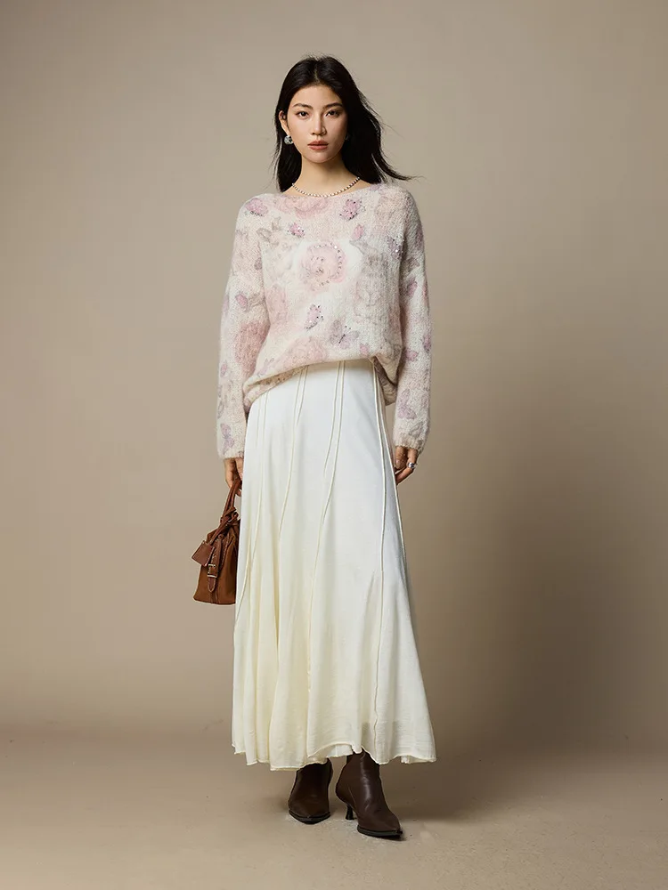 Suéter feminino de lã mohair outono inverno coreano 30% mohair 27% lã floral miçangas pulôveres, tops