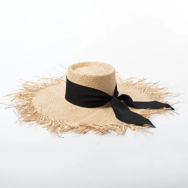 X301 Hand-woven Lafite Raw Edge Ring Flat-top Straw Hat Sunscreen Beach Cap Lafite Straw Hat Lady Jazz Cap Adult Panama Hats