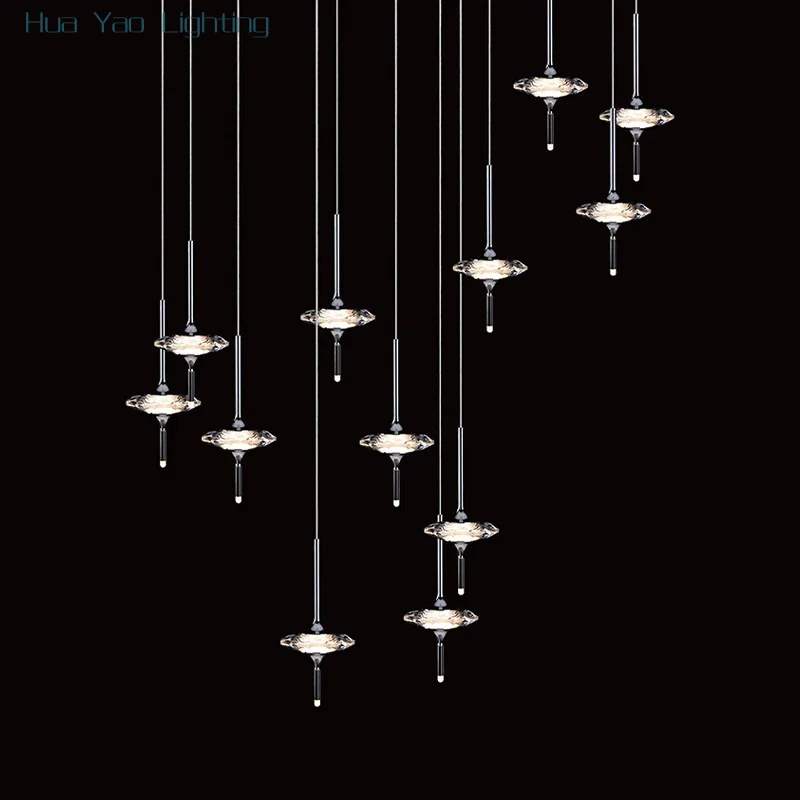 Duplex House Stair Spiral Chandelier Crystal Star Staircase Pendant Lighting Villa Living Room Hollow LED Crystal Hanging Lamps