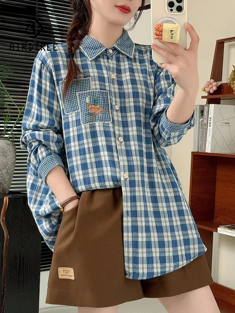 

New 2025 Winter Cotton Yarn Long Sleeve Shirt, Women Lapel Plaid Embroidery, Mori Girl Vintage OL Casual Loose Blouse T5D252CC