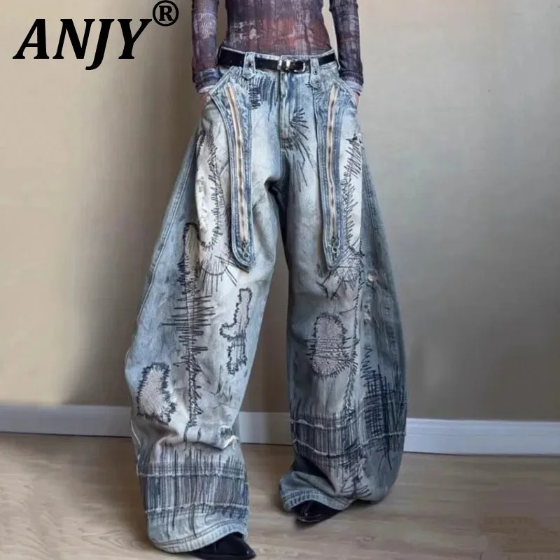 

ANJY Autumn New Women American Retro Jeans Washed Stitch Embroidery Denim Vintage Distressed Streetwear Ins Wide Leg Pants A9300