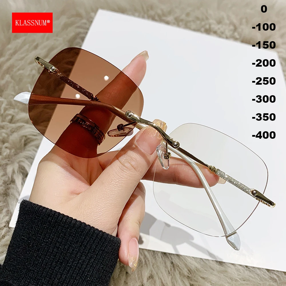 KLASSNUM Women Rimless Photochromic Sunglasses Men Luxury Near Sight Eyepiece Trendy Anti-UV Color Changing Myopia Glasses Minus