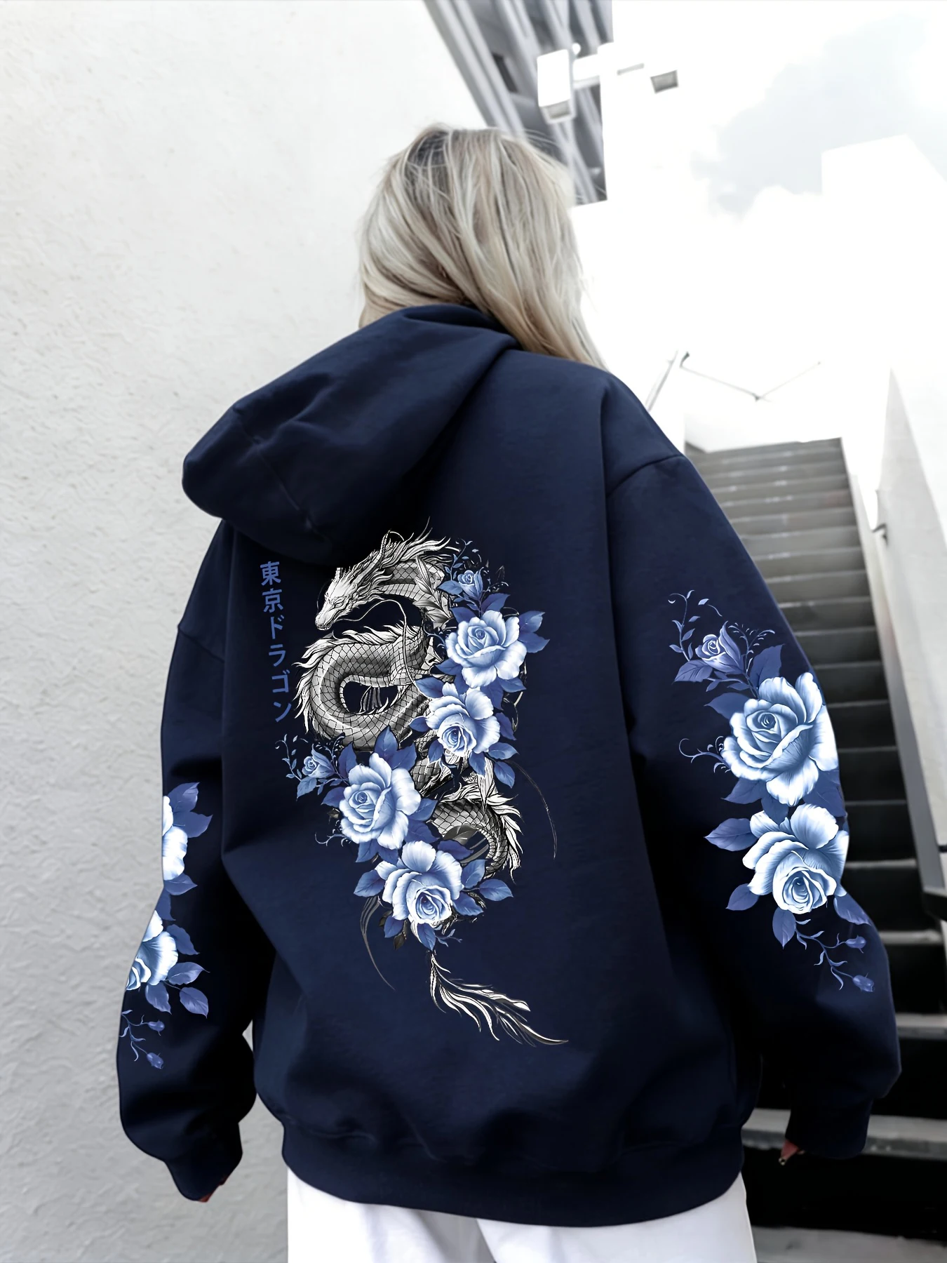 Japanische Tokyo Blue Rose Dragon bedruckte Damen-Hoodies, lockerer Pullover mit Tasche, Herbst-Fleece-Hoodie, Y2K Koreanischer Jogging-Streetwear – Detail 15