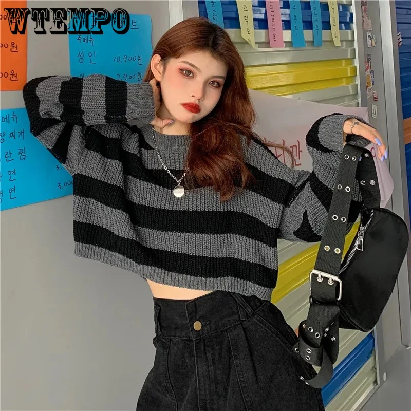 Fashion Cropped Sweater Sexy Tops Women Black White Striped Pullover Knitted Sueter Aesthetic Korean Short Pull Jumper Y2K Goth