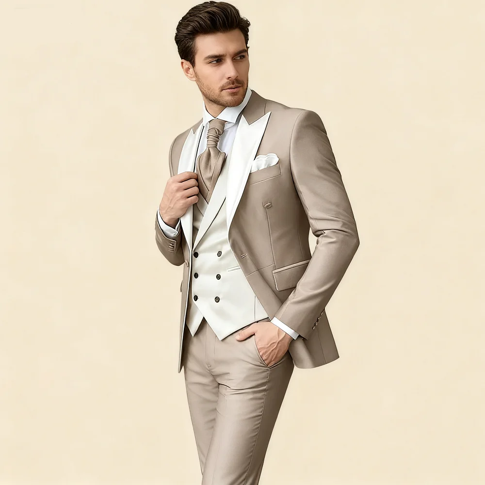 

Pink Men's Suits Elegant Peak Lapel Jacket Groom Tuxedo 3 Pieces Blazer Vest and Pants Set Formal Men's Suit for Business Prom
