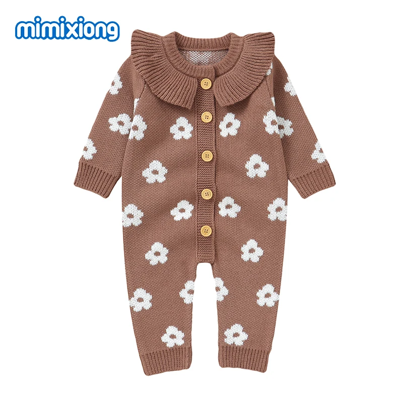 Spring Autumn Baby Girls Knitted Rompers Long Sleeve Floral Newborn Infant Jumpsuits Winter One Piece Toddler Playsuits 0-18m