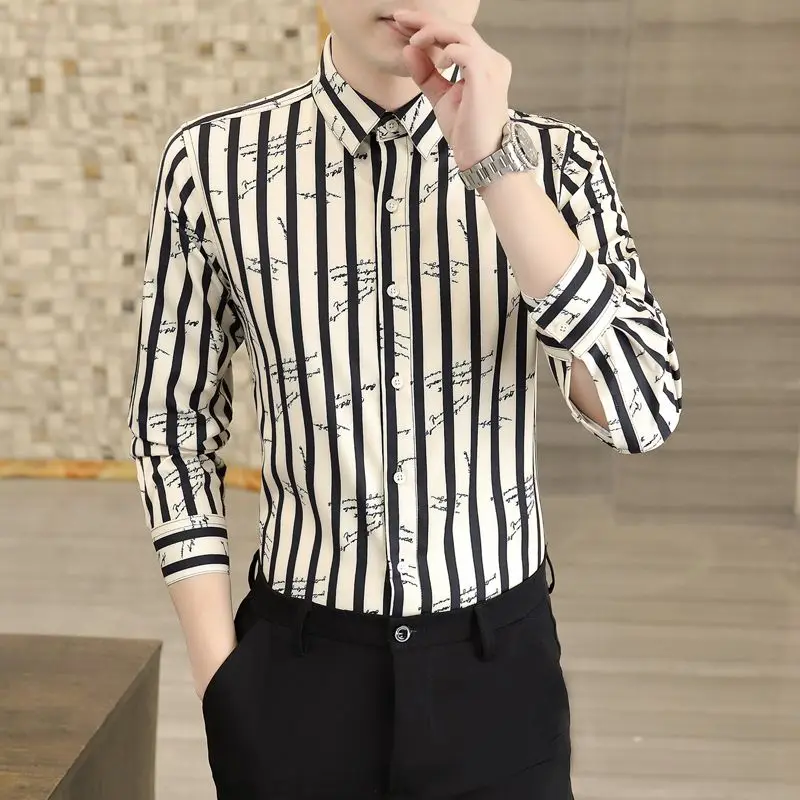 Spring and Autumn Men\'s Cardigan Single Breasted Polo Collar Stripe Letter Geometric Pattern Printed Long Sleeve Shirt Tops