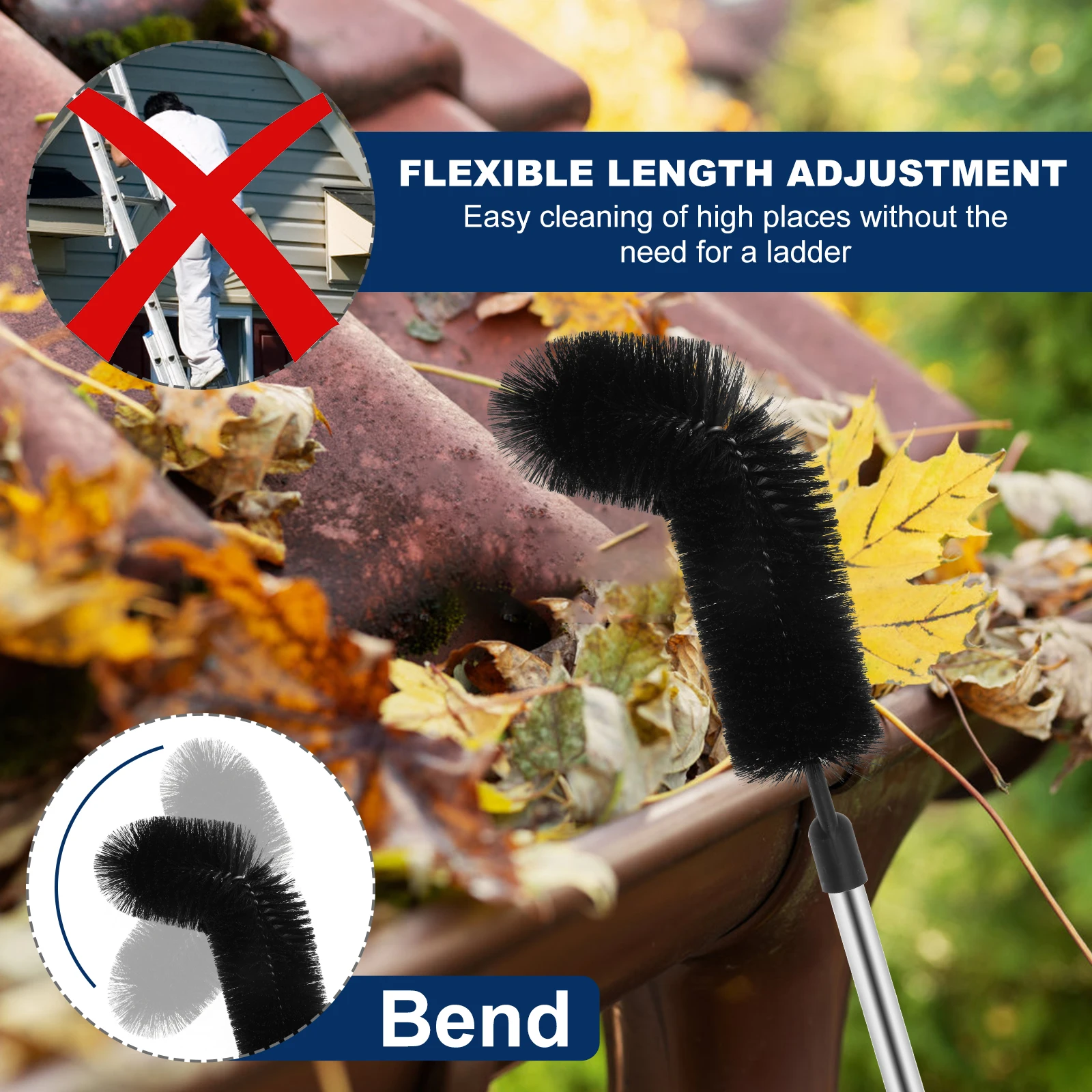 8/9/11Pcs Gutter Cleaning Brush Stainless Steel Roofing Cleaning Tool with Flexible Bristle 7/8 Pole Adjustable Gutter Cleaner