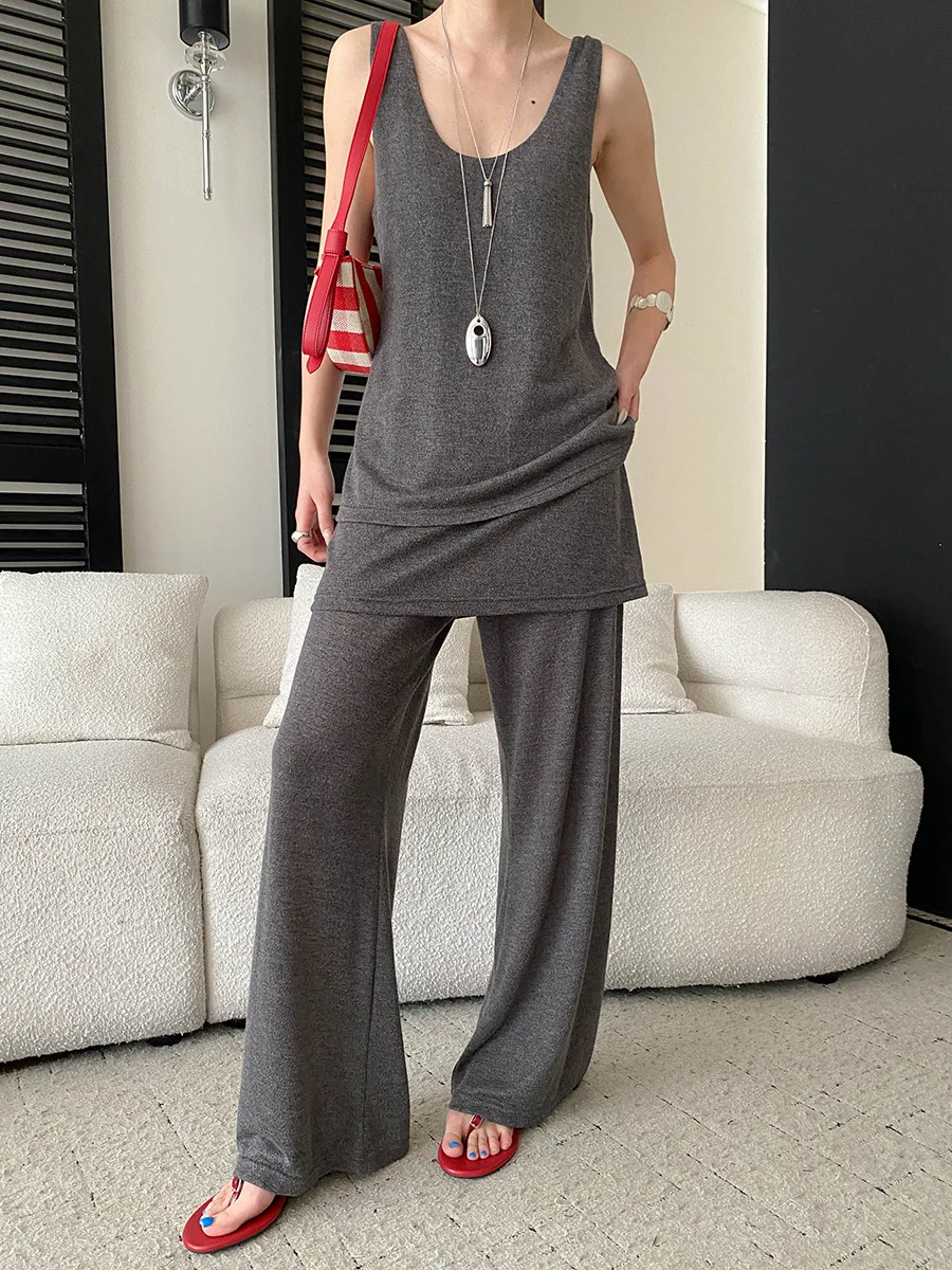 

Summer women's solid color design, double-layer hem round neck knitted vest casual pants set