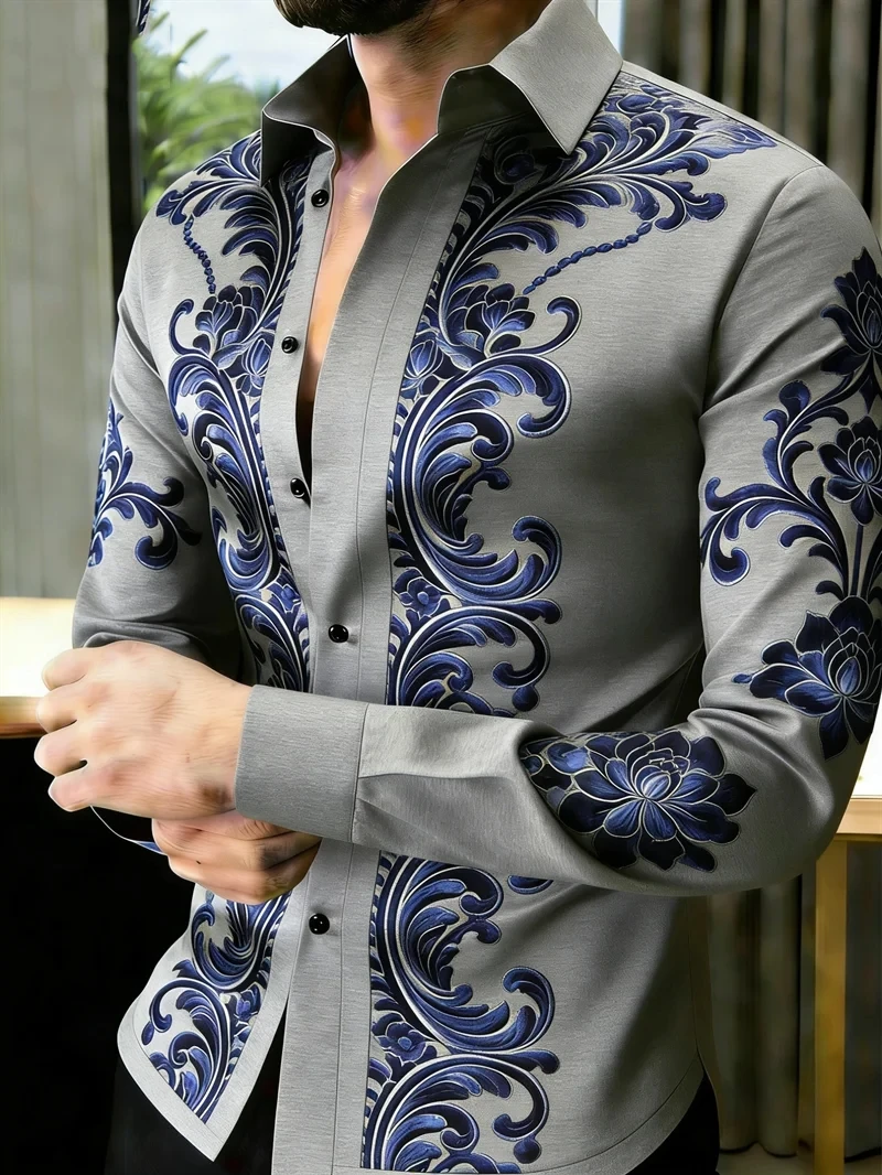 2026 new men's pink button up shirt, blue Baroque floral print, long sleeved casual business dress shirt