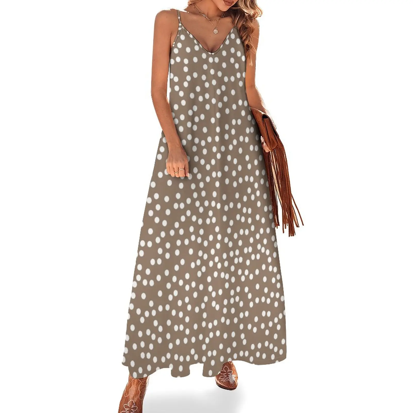 Mout Bruine En Witte Polka Dot Mouwloze Jurk Vrouw Kleding Casual Jurken Jurken Voor Vrouwen