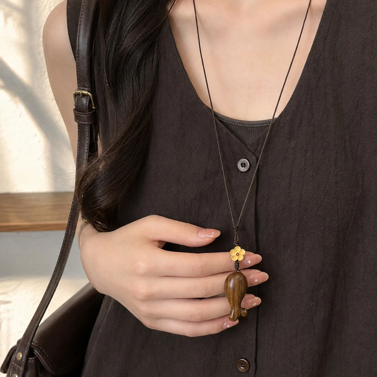 Necklace Handmade Wood Fish Pendant Braided Rope Long Sweater Chain Retro Oriental Style Elegant Women Daily Gift Lightweight