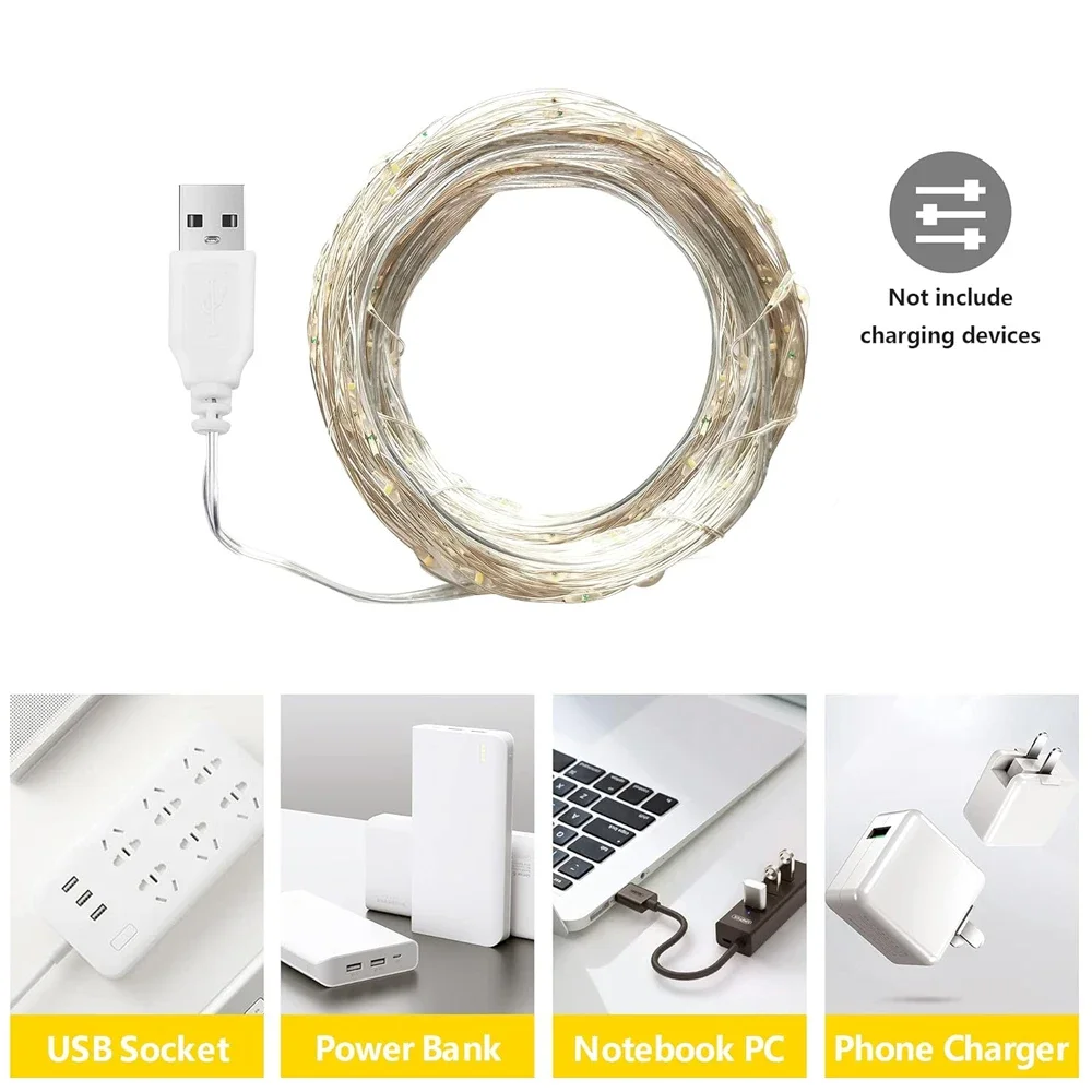 Guirnalda de luces alimentada por USB, 1-10m, Color blanco cálido, multicolor, para decoración de bodas, fiestas y festivales de Navidad