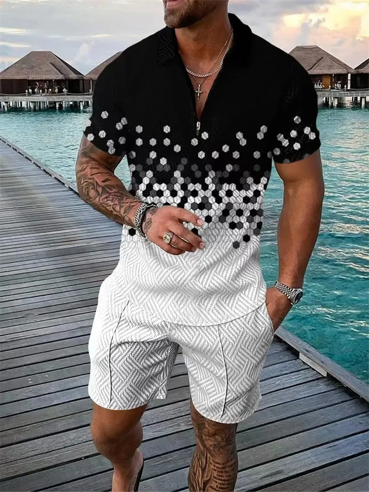 2024 Summer New Men's Lapel Short Sleeve Shorts Set Fashion Street Zipper Polo Shirt Casual Loose Shorts Exquisite Hawaii Set