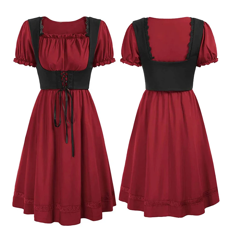 

Red Medieval Renaissance Girls Uniform Women's Victorian Dress Short Sleeve Square Neckline Gothic Dress Ruffle Dress Suits