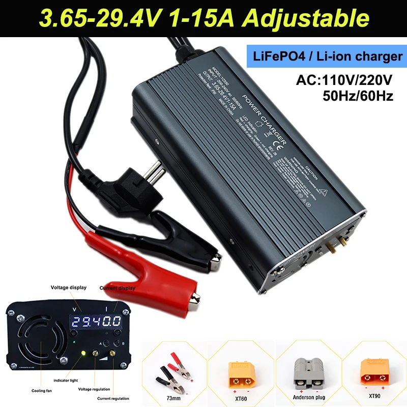 

New 3.65V-29.4V 1-15A Adjustable Voltage and Current 12V24V 1-8S Lifepo4 Lithium Ion Charger with Display Multi-function Charger