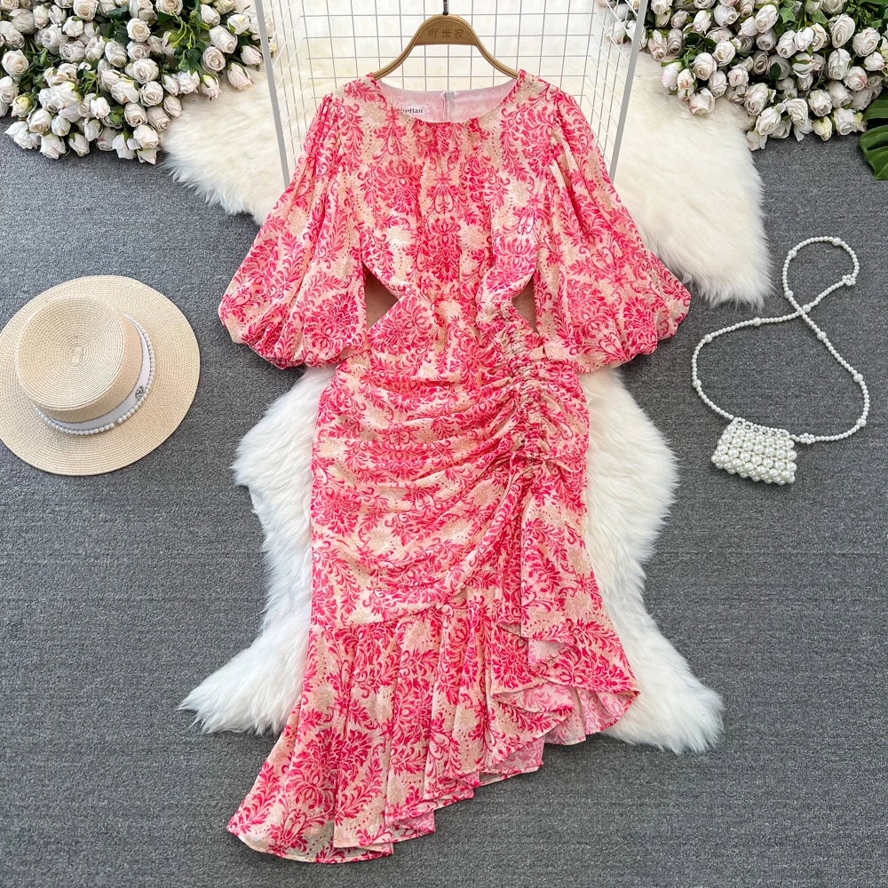 

Chic Drawstring Bodycon Short Sleeve Dress Wrap Dresse Korean Fashion Vestidos Women Vintage Spring and Autumn Trumpet Dress