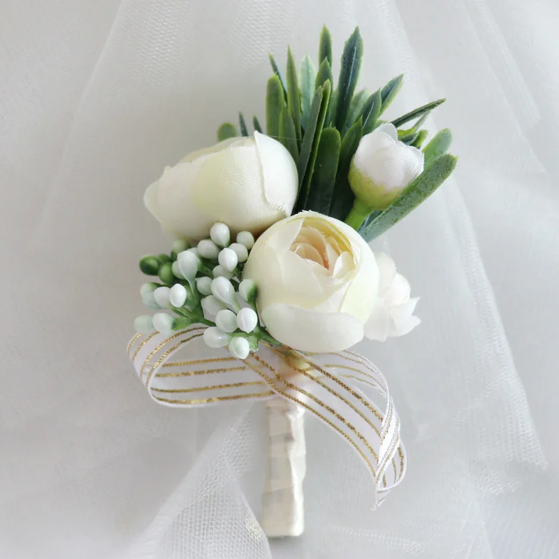 Boutonnieres Flowers Artificial Roses Silk Ivory Corsage Buttonhole Groomsmen Boutonniere for Men Wedding Accessories