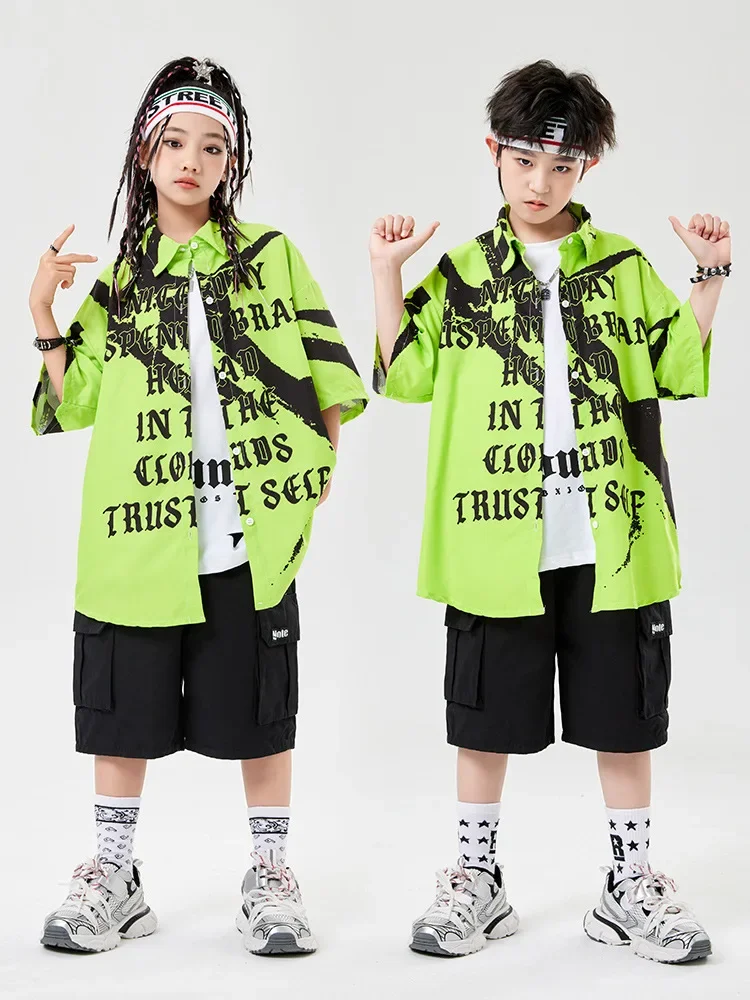 ชาย Hip Hop ชุดเสื้อยืดสีเขียว Street Dance สีดํากางเกงขาสั้นสินค้าหญิง Streetwear เด็กห้องบอลรูมเสื้อผ้าเครื่องแต่งกาย