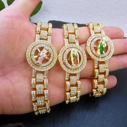 A Fashionable Hip-Hop Fully Inlaid with Rhinestones Rotating Zhonande and Madonna Design Zinc Alloy Bracelet for Men and Women - Non-Plated Fashionable Shiny Jewelry Accessories, Perfect Gift for Boyfriend