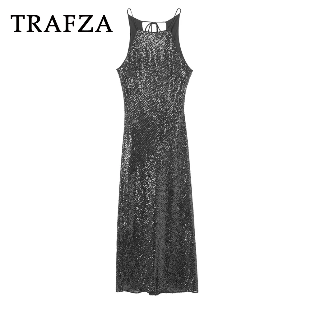 TRAFZA 2024 Summer Women Sexy Sequins Dress Back Strap Sleeveless Dress Vent Long Sheath Garters Dress Women Elegant Dresses