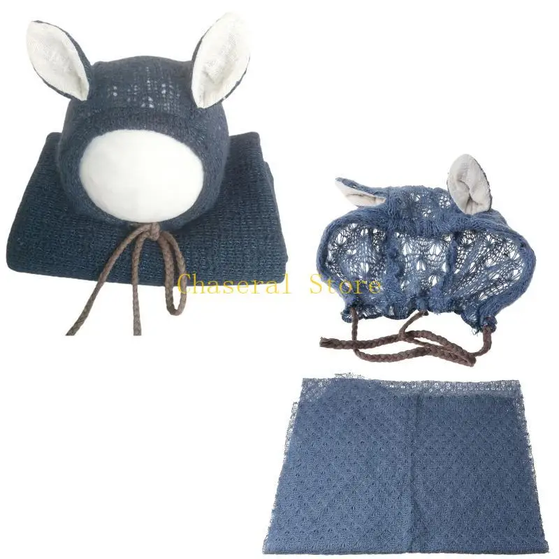 

E7CE Baby Photography Props Newborn Knitted Stretch Wrap+Hat Set Infants Photo Crochet Blanket Bonnet
