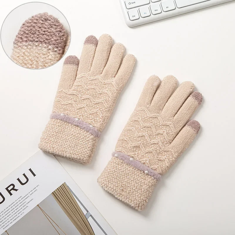 Guantes de punto gruesos y cálidos para mujer, manoplas de muñeca con dedos completos, decoración de perlas, pantalla táctil, invierno