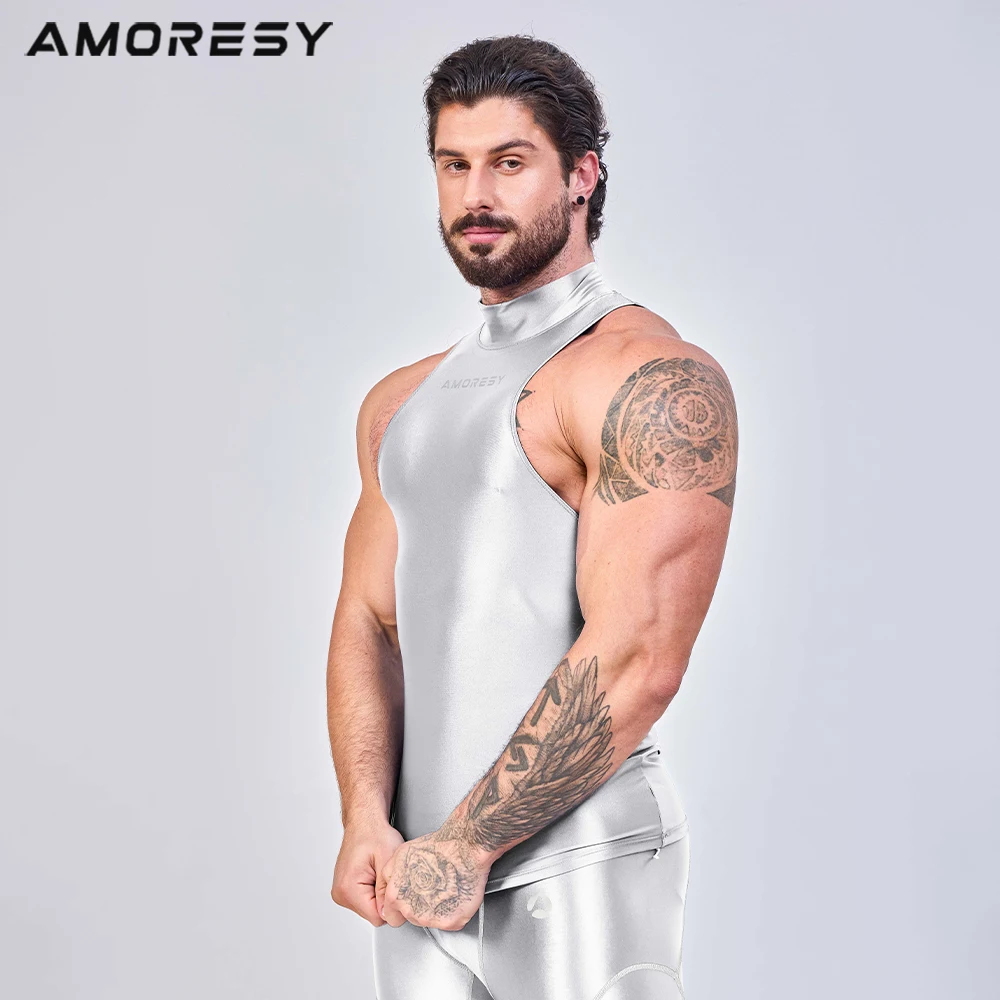 AMORESY Men\'s Satin Glossy High Neck Activewear Tops Sports Breathable Sleeveless Tights Running Breathable Spandex Hurdle Vest
