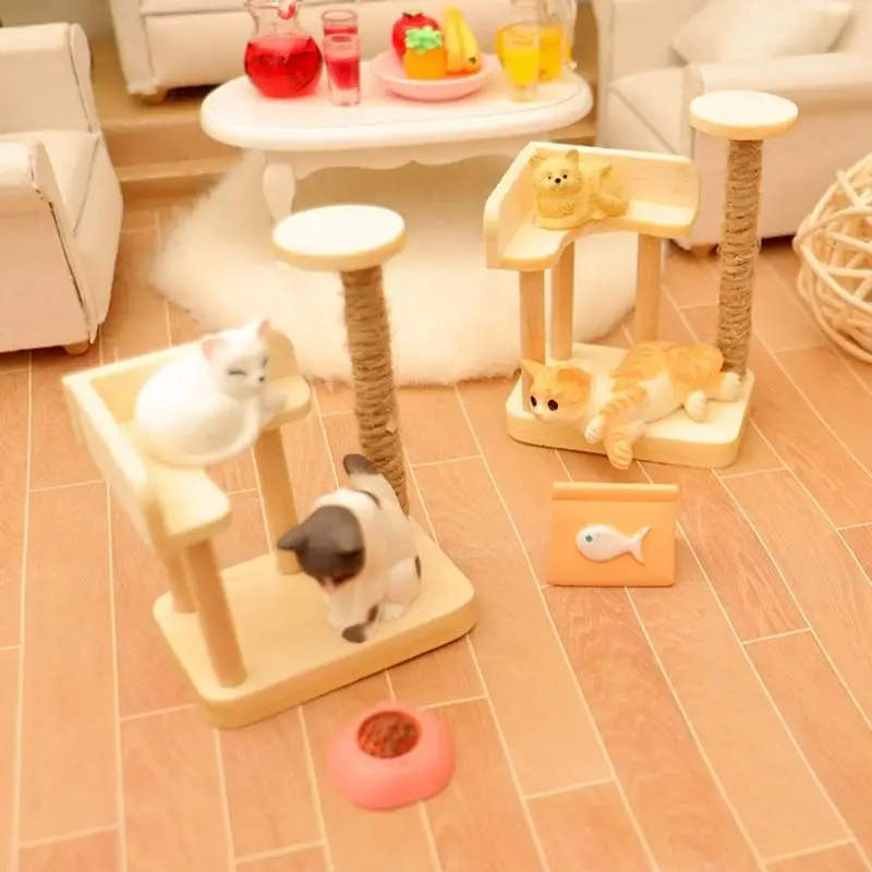 

1/12 Scale Miniature Cats Figures Set Including Climbing Tree and Bowls Figurine for Doll House Scene Decoration A2UB