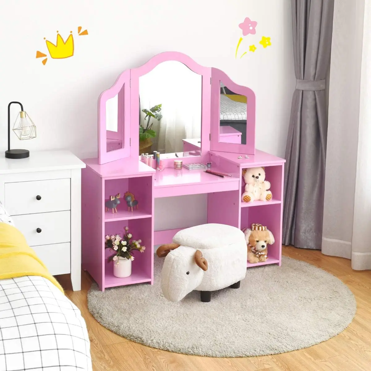 Kids 'Princess Makeup Desk, Penteadeira com Top Destacável, Toddler Vanity, Tri-Fold Mirror, Prateleira de Armazenamento, 2 em 1