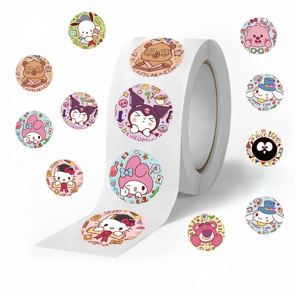 

500pcs/Roll Sanrio Cute Cartoon Kuromi Melody Kitty Sealing Stickers DIY PVC Laptop Decals Decoration Sticker Reward Gift Toys