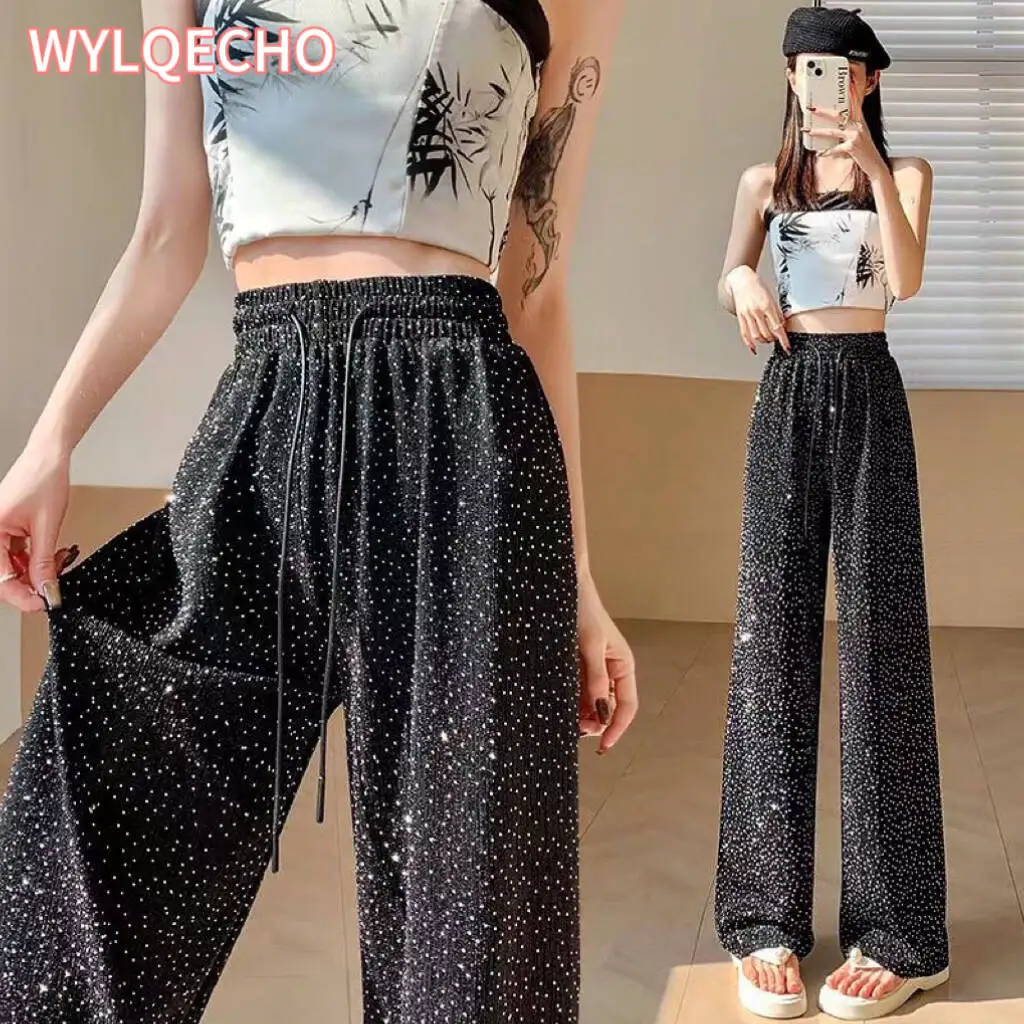 

The New Women's Fashion Trendy Sparkling Gold Pants Relaxation of Tall Waist Wide-legged Pants Women's South Korean Style