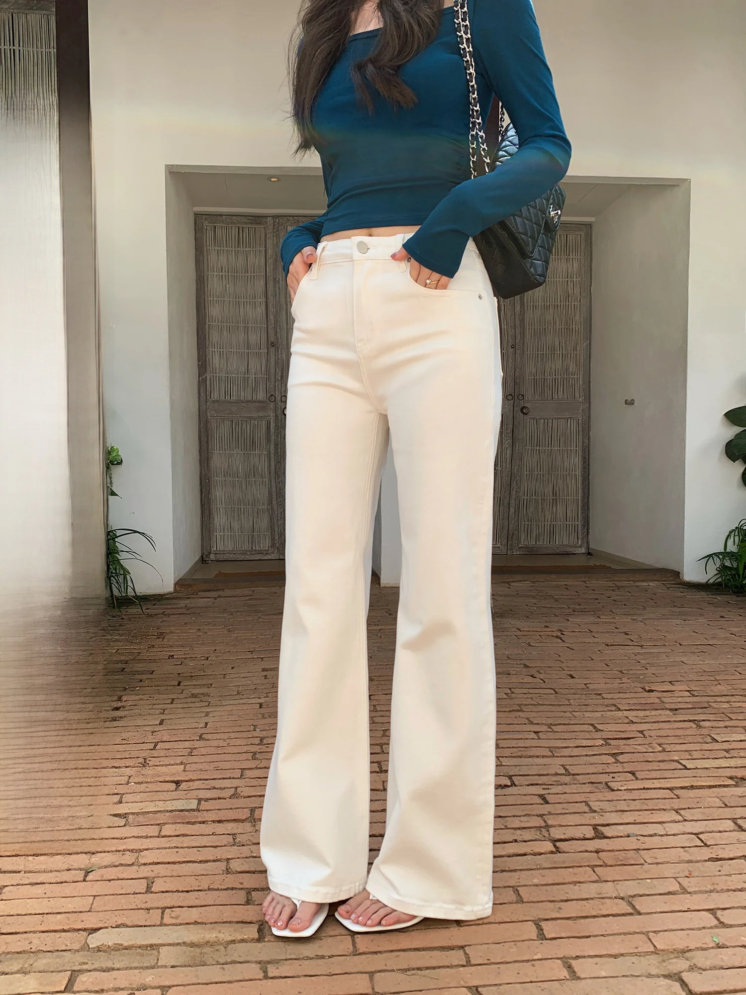 

Джинсы Pusumede с высокой талией, микро-клеш, женские, эластичные, облегающие, прямые, струящиеся, брюки в пол