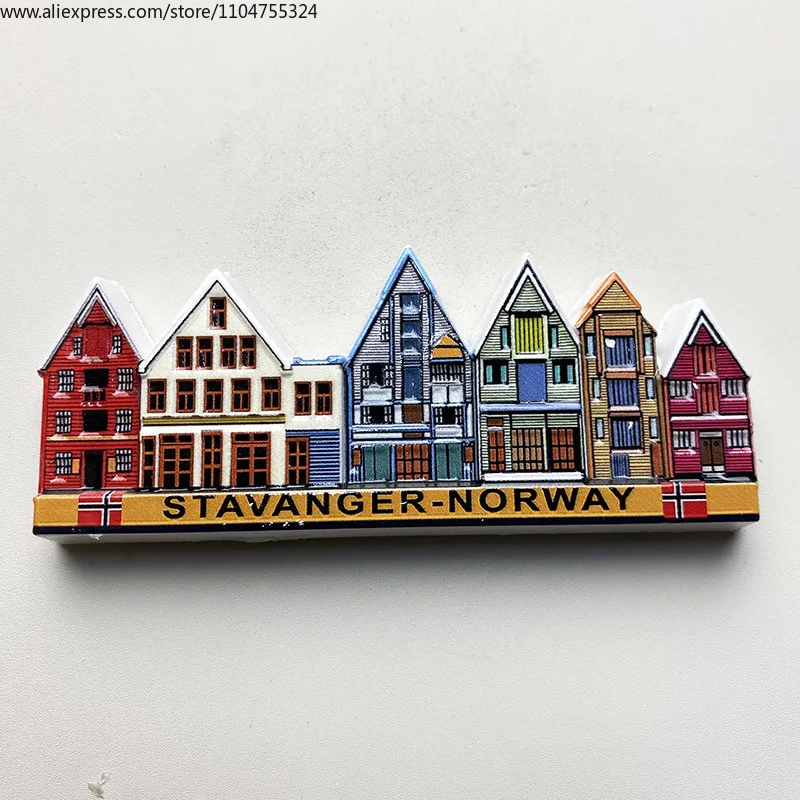 Stavanger, arquitectura de Noruega, casas pintadas, colección de recuerdos de viaje, regalos de artes y manualidades, imanes estéreo 3D para nevera