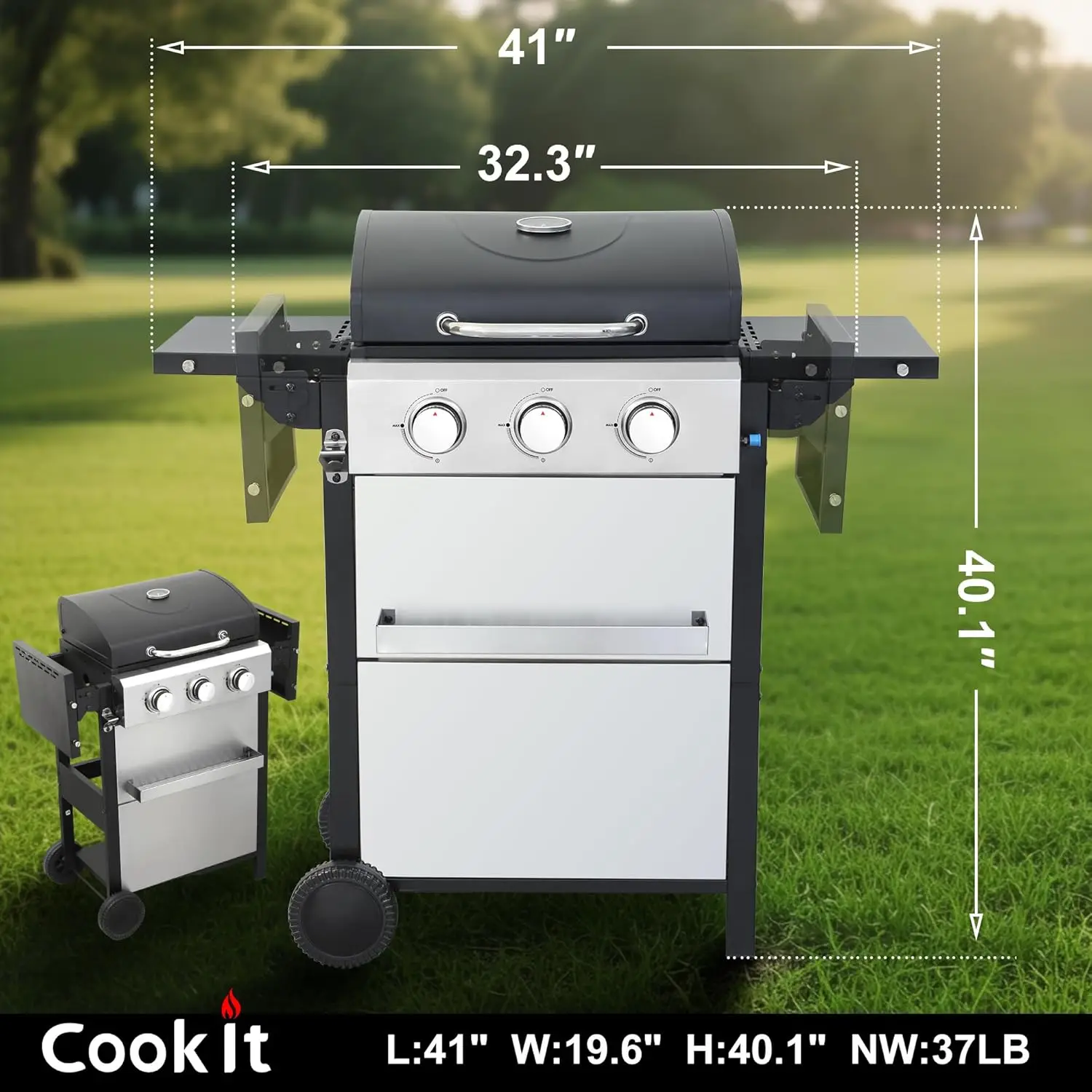 Parrilla de gas propano de 3 quemadores con salida de 30.000 BTU: gestión de grasa de fácil limpieza y distribución uniforme del calor para barbacoa perfecta (3-Bu