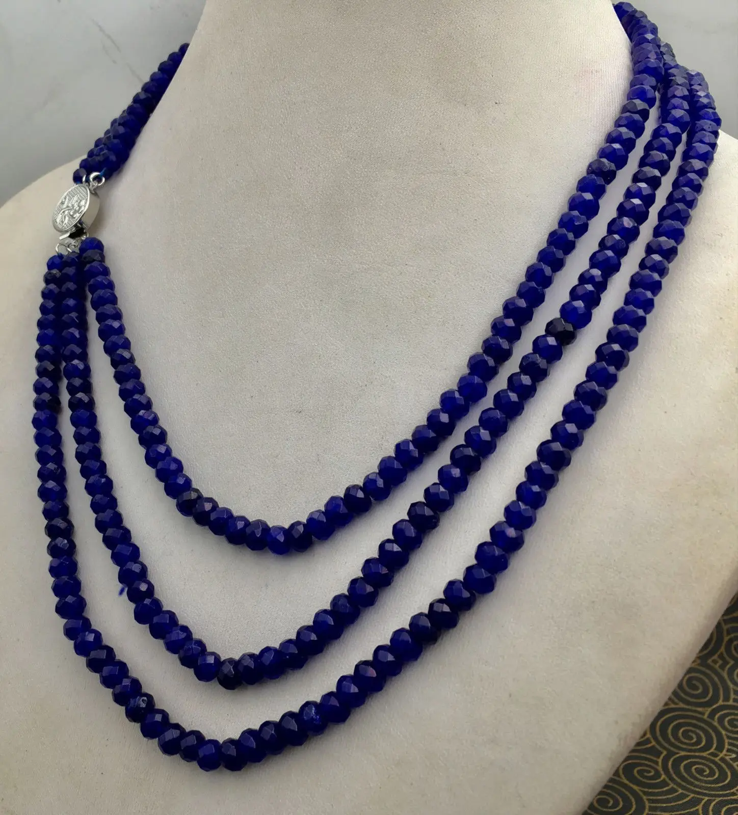 Huge 2x4mm NATURAL Blue sapphire FACETED BEADS NECKLACE 3 Row 18-20''