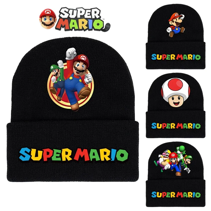 Super Mario Bros Winter Knit Hat Black Animation Warm Hats Accessories for Child Luigi Yoshi Earmuffs Wool Hat Ski Mask Gifts