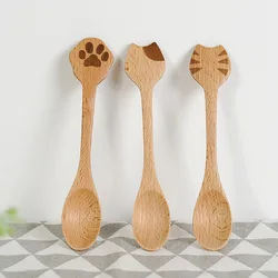 Creative Wooden Coffee Spoon Cat Claw Pattern Small Coffee Spoon Portable Stirring Spoon Salad Scoon Beech Wood