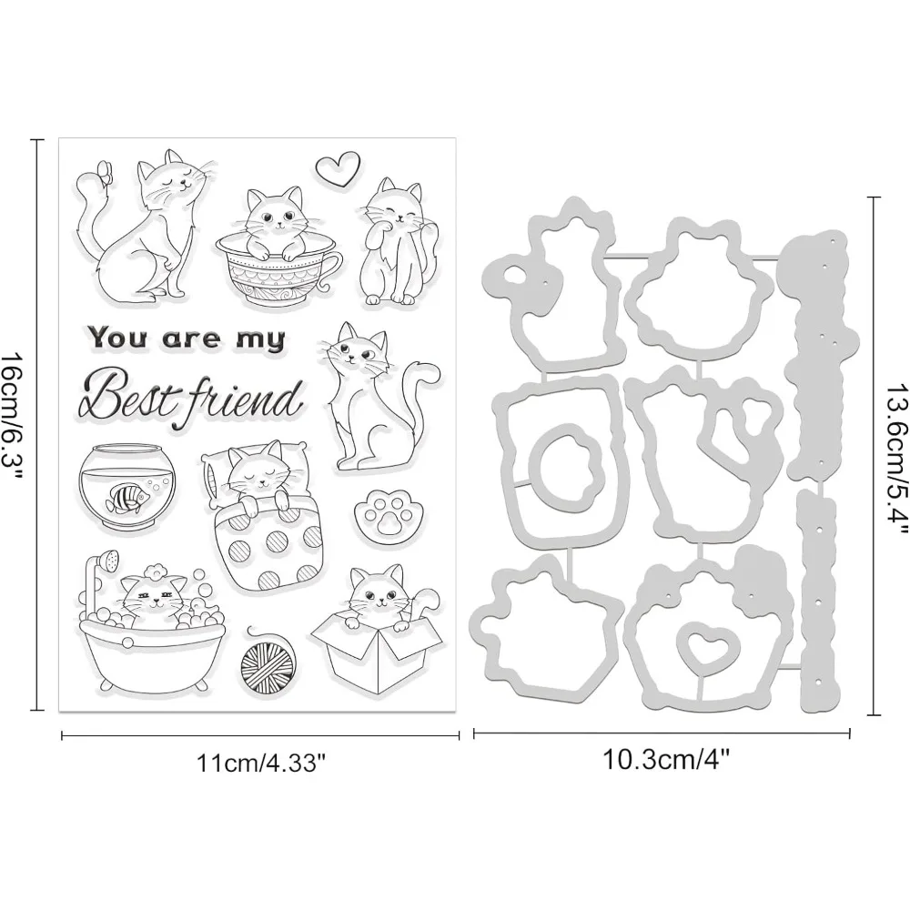 2pcs Cat Pattern Stamps and Metal Dies for Card Making, Cat Bathing, Playing and Sleeping Clear Stamp and Cutting Die Sets