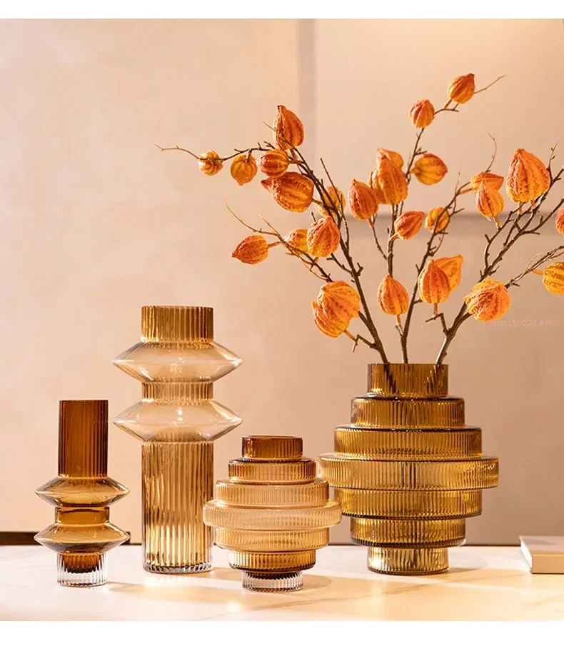 Creativity Amber Glass Vase Hydroponics Flowers Pots Tower Shape Flower Arrangement Desk Decoration Floral Vase Modern Decor