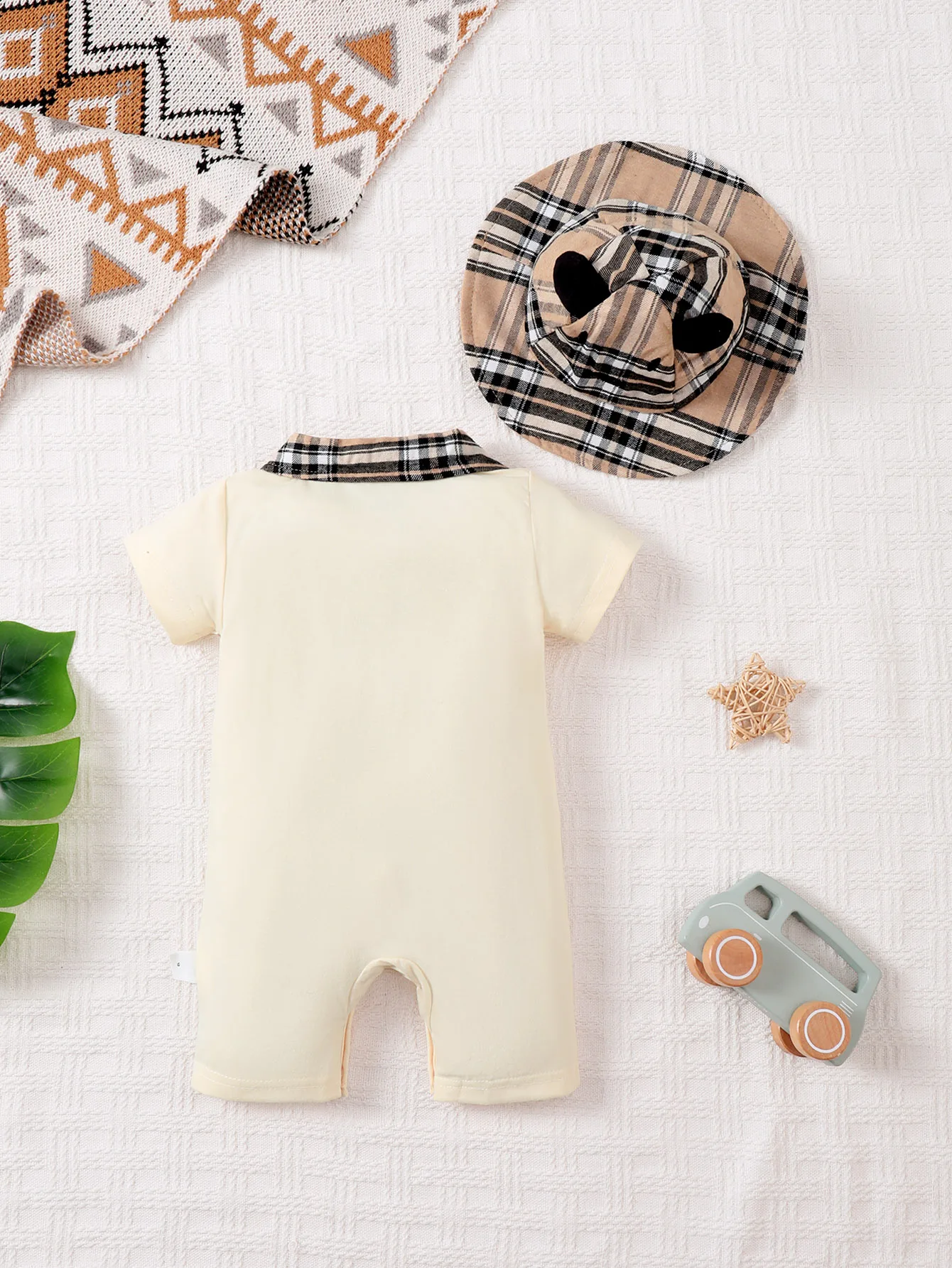 3-24M Beige White Baby Boy With Lapel Jumpsuit Gentleman Style Short Sleeve Pocket Color Matching Checked Jumpsuit Shorts