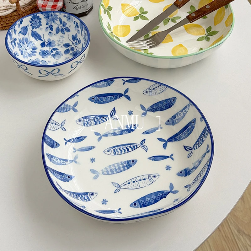 

Coastal Style Blue Fish Pattern Ceramic Serving Plate 2026 Household Microwave Safe Dinner Tableware Lemon Print Cartoon Dish