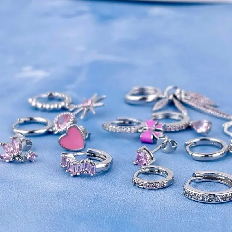 925 Sterling Silver Needle Pink Zircon Geometric Pendant Silver Hoop Earrings Huggies Romantic Cute Girls Gift Fashion Jewelry
