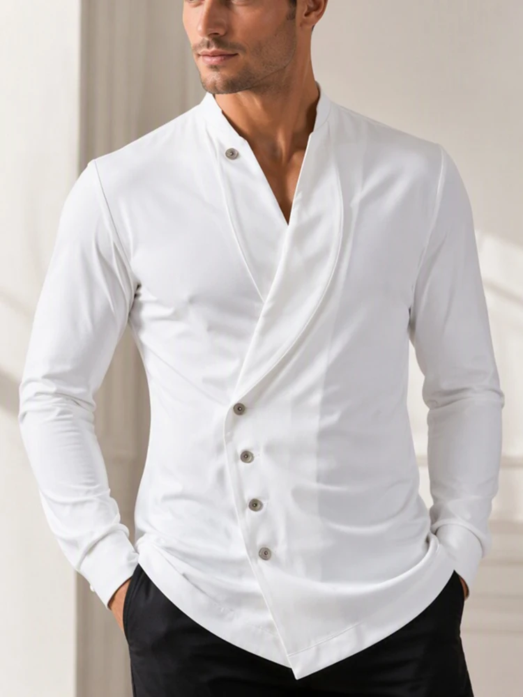 Men's White T-shirt Stand Collar Asymmetric Long Sleeve Slim Fit Business Casual Irregular Hem Fashion Party Men Blouse Top