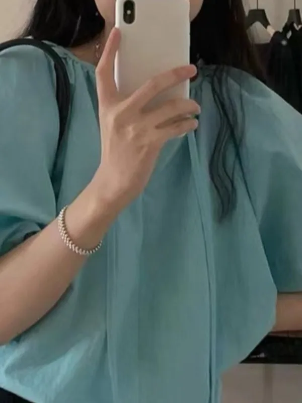 

Summer New Sle Women's Bubble Sve irt Loose Casual Top with Pleated Sa Vintage Anti-aging Faion Set