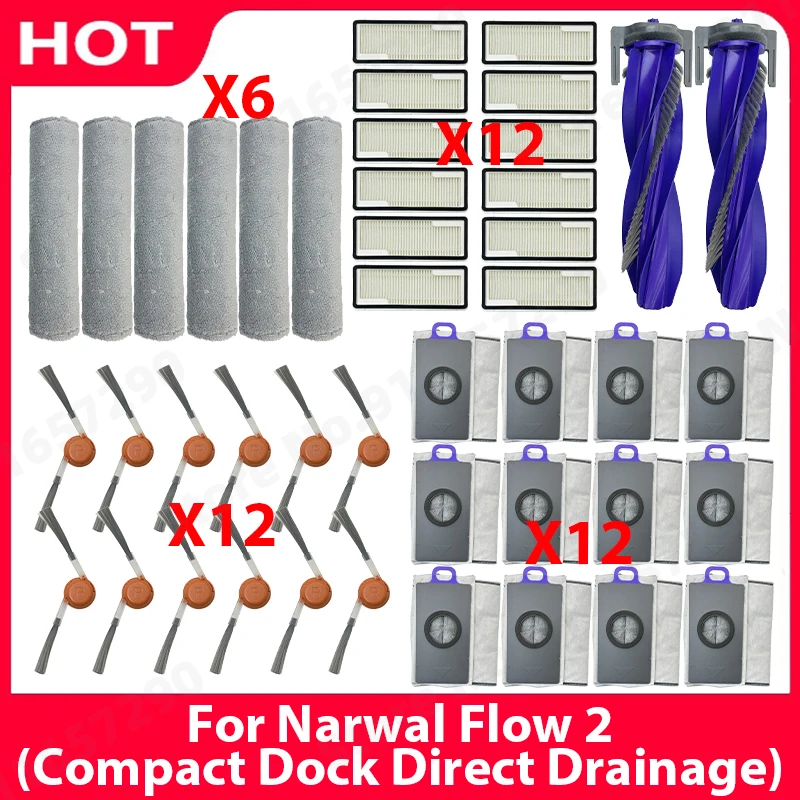 Image of Für (Narwal Flow 2 - Compact Dock Direct Drainage) Hauptseitenbürste HEPA-Filter Wischtuch Staubbeutel Ersatzzubehör