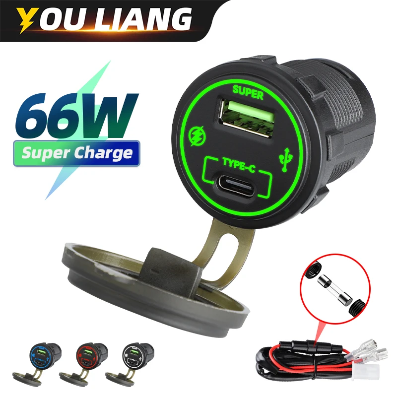 66W 12-24V USB C 30W & USB A 36W Car Charger Socket Fast Charge for iPhone for Motorcycle Car Boat RV Marine ATV