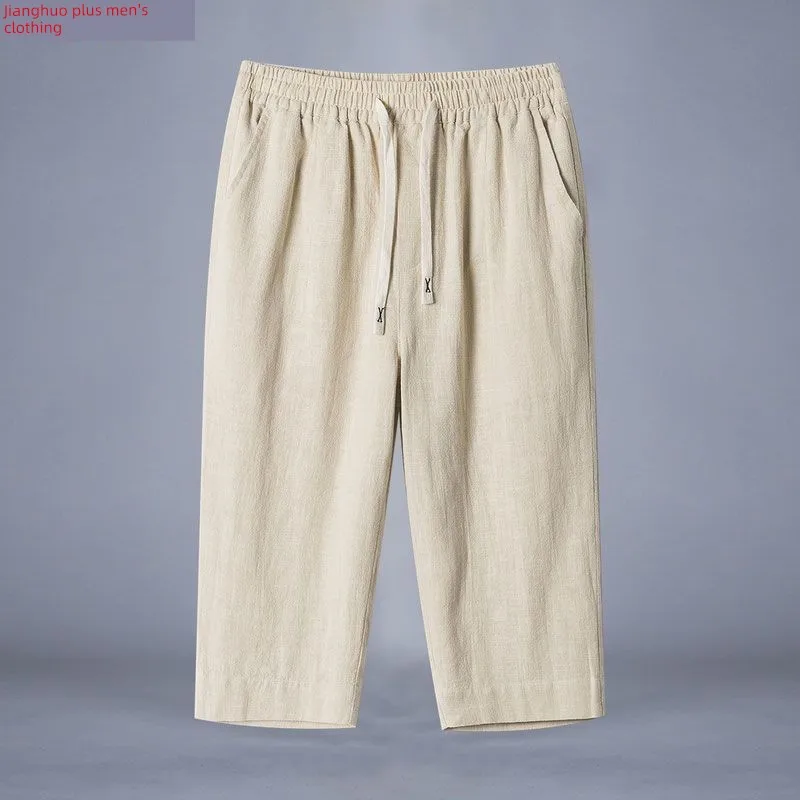Loose Fit Linen Cotton Men's Shorts Straight Leg Thin Material Seven-Quarter Length Summer New Chinese Style Large Size