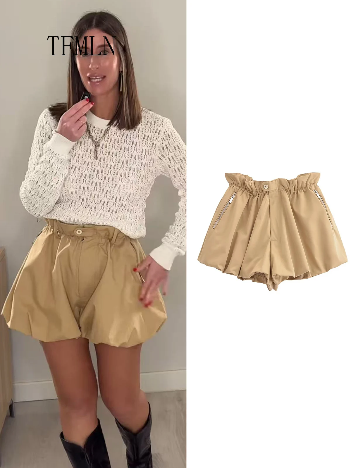 TFMLN-pantalones cortos con forma de capullo de flor para mujer, Shorts mullidos de cintura alta, informales, de Color sólido, nueva moda para primavera y verano